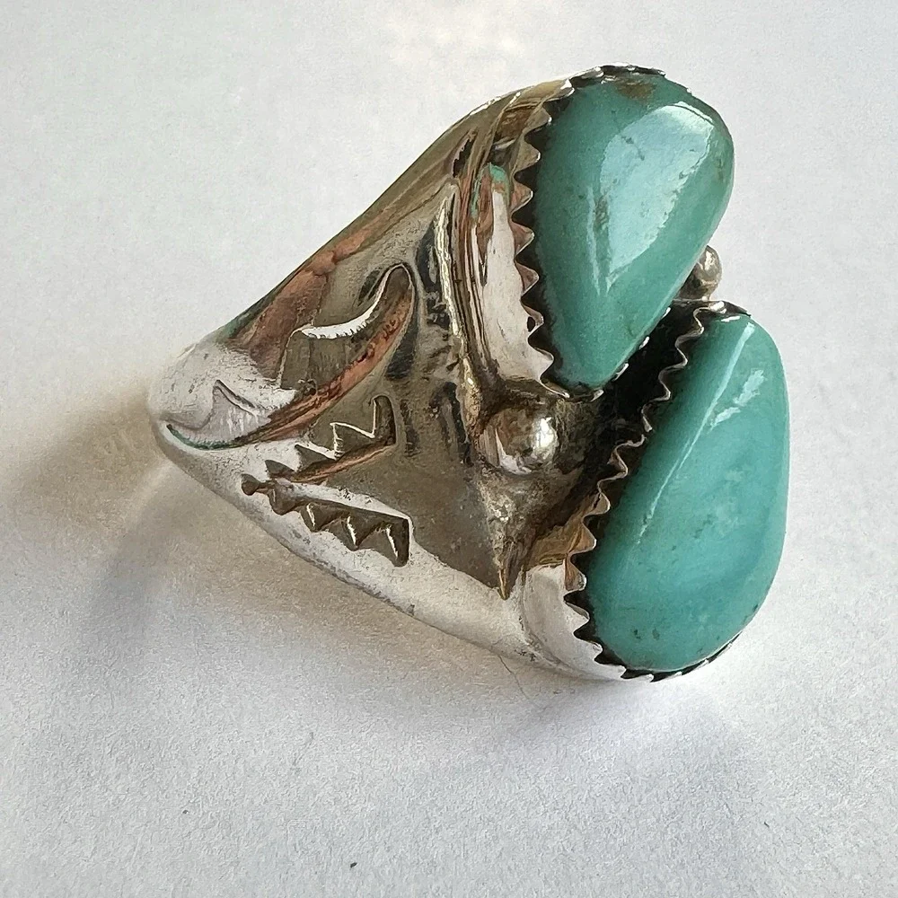 Mens Turquoise Navajo Band Sz 9 Two Stone Ring 21mm Signed ML Handmade‎ Native